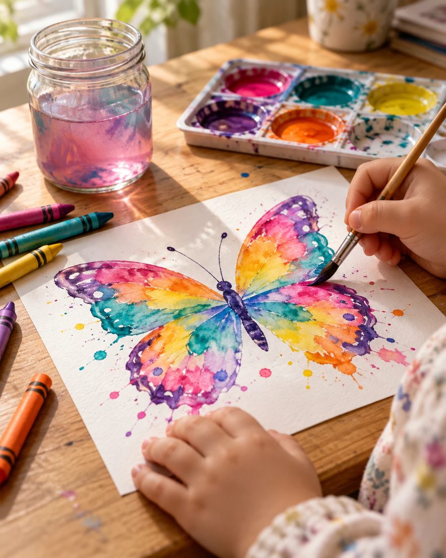 Mãos de criança pintando uma borboleta colorida em aquarela